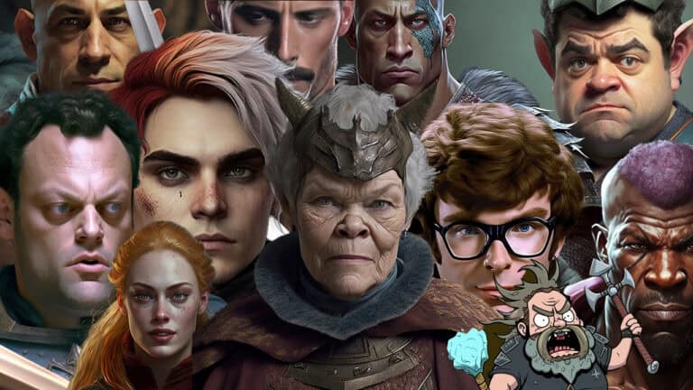 A collage of diverse, fantasy-style characters, reminiscent of D&D adventures, includes an older woman in armor, a red-haired warrior, a man with glasses, and a cartoonish character holding a weapon. Each face showcases unique expressions and distinctive features.