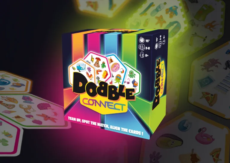 The Asmodee Dobble Connect game box is displayed, featuring vibrant icons of various objects and shapes. A bright rainbow backdrop highlights the family game’s appeal, while scattered cards with similar icon designs invite playful interaction for all ages.