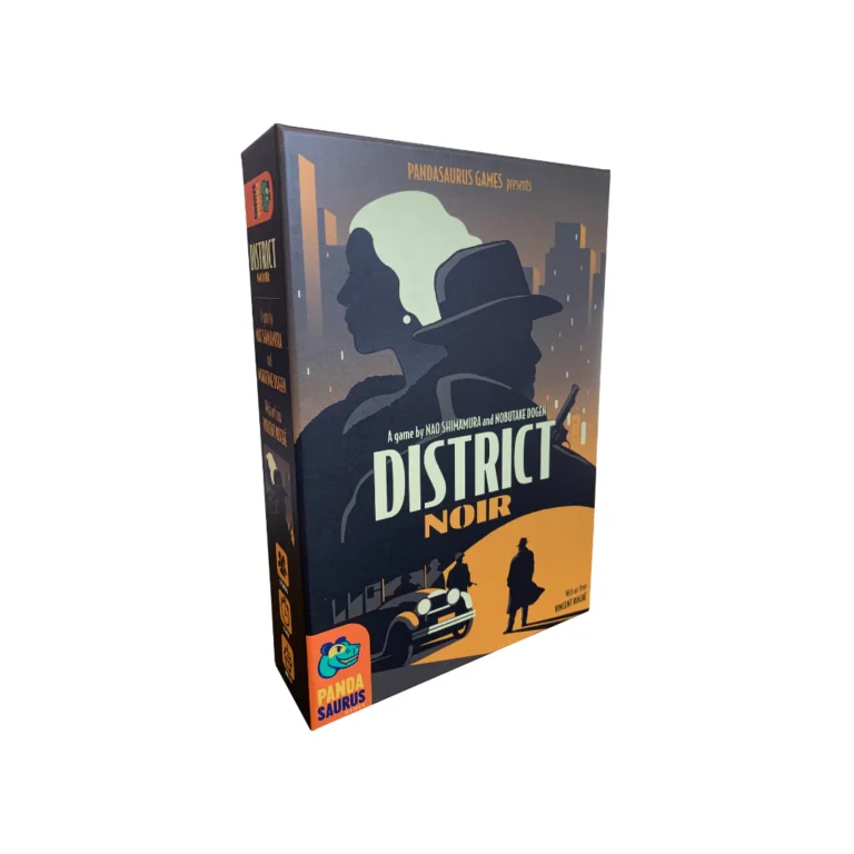 The box of "District Noir," a strategic two-player card game by Pandasaurus Games, showcases a retro-style illustration. Silhouetted figures, including one in a fedora, stand before a cityscape in dark tones, with a car driving in the foreground.