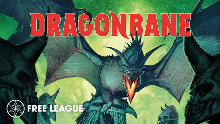 Illustration of a fierce dragon with outspread wings and fiery breath—a true symbol of epic fantasy adventures. The word "DRAGONBANE" is prominently displayed at the top in bold red letters, reminiscent of Swedish RPGs. Below is the "Free League" logo in the left corner over a greenish hue.