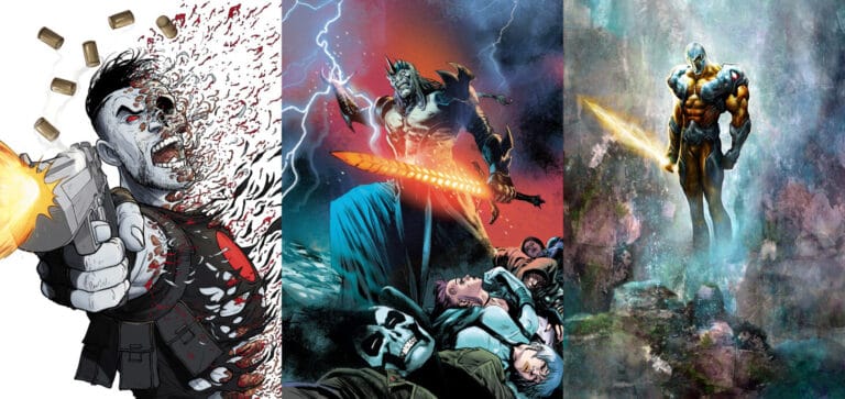A triptych of dynamic comic book art: a skeletal figure from Valiant Adventures RPG firing bullets, a warrior with a fiery sword battling amidst lightning, and a muscular hero holding a glowing sword while levitating in a mystical landscape by Green Ronin.