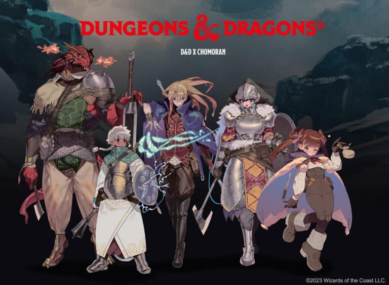Illustration of five fantasy characters in armor and robes, drawn in an anime-style: a dragon-like figure, a young knight with a glowing sword, a mage casting a spell, a heavily armored warrior, and a small fairy holding a staff. Text reads "Dungeons & Dragons - Japanese Release.