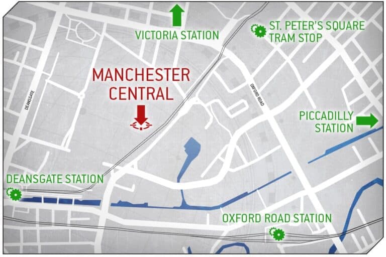 Map showcasing routes to Manchester Central, a hub for epic activities like Warhammer Fest 2023. Key stations marked include Victoria Station (north), Deansgate (southwest), Oxford Road (south), Piccadilly (east), and St. Peter's Square Tram Stop (northeast).