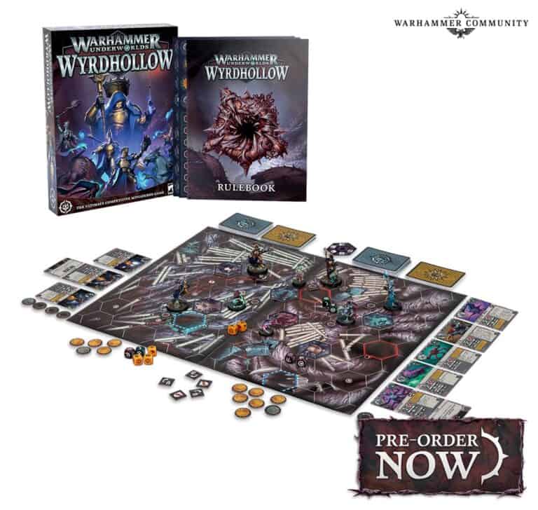 Experience the ultimate tabletop adventure with "Warhammer Underworlds: Wyrdhollow." Featuring a board, game pieces, and cards adorned with stunning fantasy art, this set is a must-have. Pre-order now and unleash the chaos of the World Eaters into your battles!
