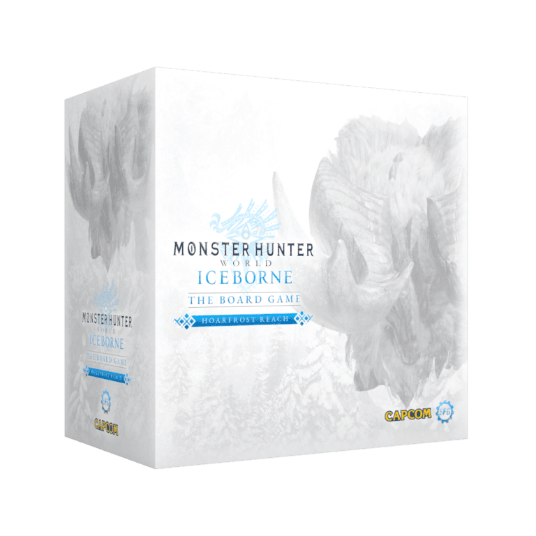 Box for "Monster Hunter World: Iceborne - The Board Game," featuring an icy creature and winter-themed artwork. The Capcom logo and game details are displayed on the side, showcasing this Kickstarter project that brings the epic adventure to your tabletop.