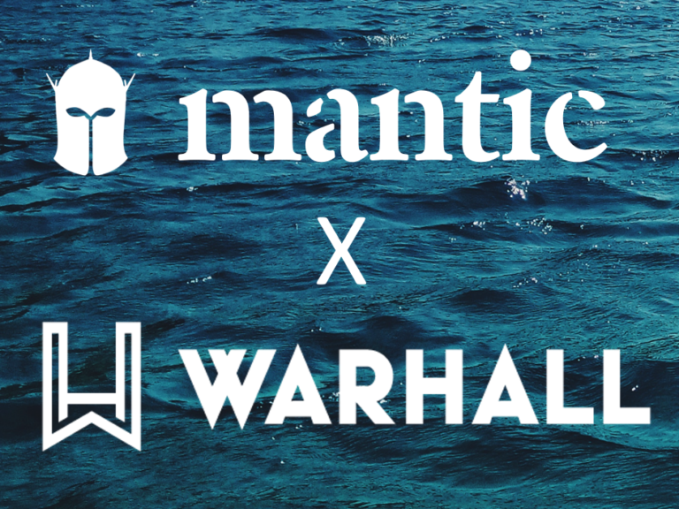 The logo of "Mantic" showcases a helmet icon while "WARHALL" features a geometric design, both set against an oceanic backdrop. This imagery evokes the strength and strategy reminiscent of an armada, perfect for virtual tabletop adventures.