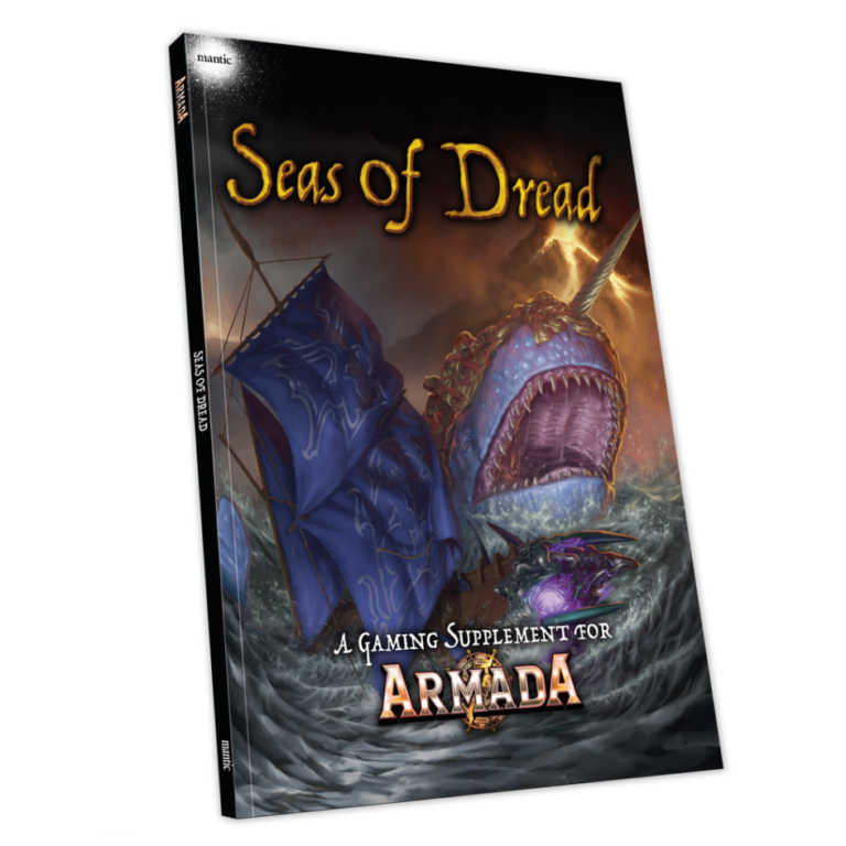 Cover of "Seas of Dread: A Gaming Supplement for Armada" depicting a colossal sea monster with sharp teeth, partially emerging from stormy seas where ghostly ships and pirates are caught in the waves. The sky is dark and ominous.