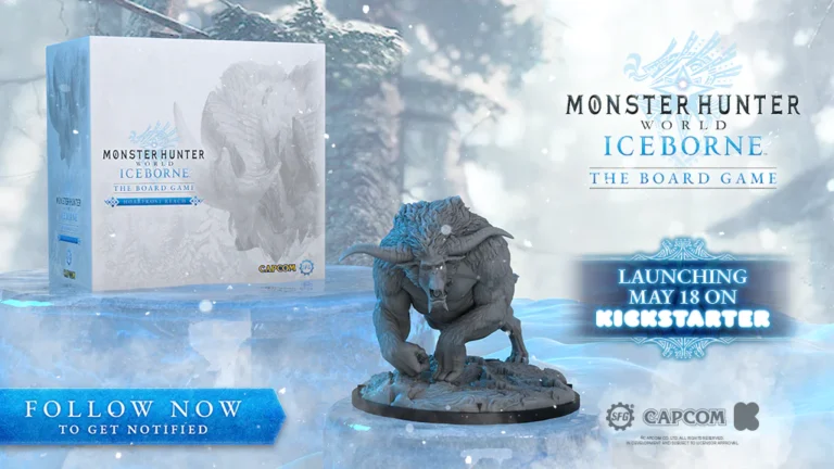 This promotional image for "Monster Hunter World: Iceborne - The Board Game" showcases a detailed mini sculpture of a monster and the game box. Highlighting innovative gameplay mechanics, it also announces the Kickstarter launch date of May 18 against a snowy forest backdrop.