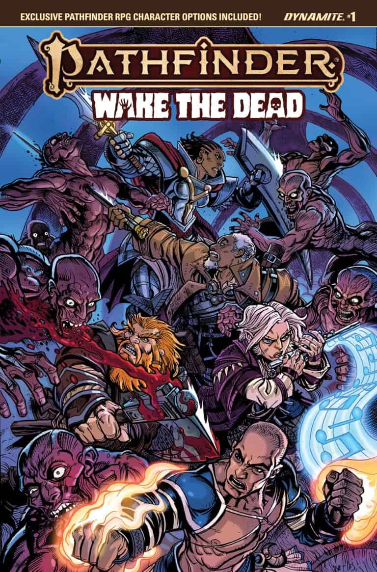 The comic series "Pathfinder: Wake the Dead" features a riveting cover where brave warriors, mages, and a resolute dwarf unite under a dark, ominous sky. Together, they wield weapons and magic to battle relentless zombies in this thrilling adventure.