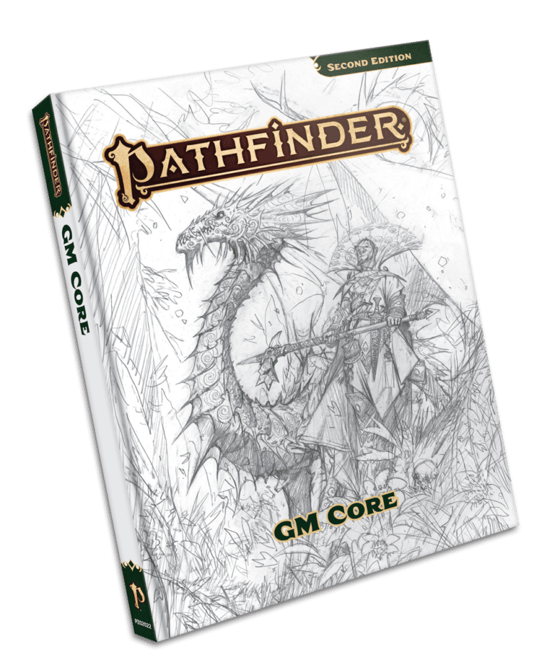 Cover image of "Pathfinder GM Core, Second Edition" from the Pathfinder Remastered series, showcasing a detailed sketch cover of an adventurer confronting a dragon-like creature amid dense foliage. The title commands attention at the top, reminiscent of highlights from GAMA EXPO 2023.