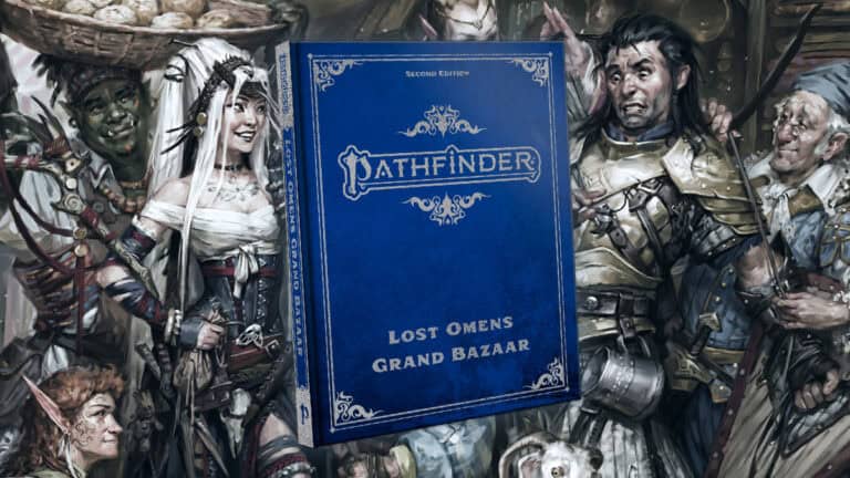 A blue Pathfinder book titled "Lost Omens Grand Bazaar" by Paizo stands out against a background featuring fantasy characters, including a humanoid with pointed ears, a warrior in armor, and other colorful figures in this captivating tabletop game release.