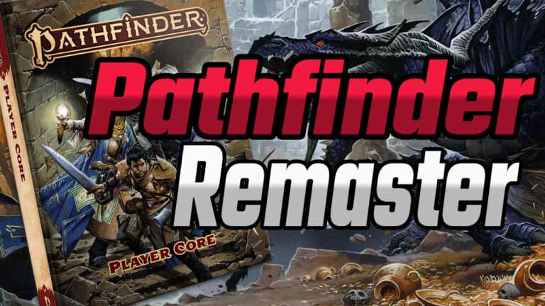 The cover of "Pathfinder Player Core Remaster" features two armored fantasy characters navigating a rocky, dragon-infested landscape. Large red and silver text declares "Pathfinder Second Edition Remaster," heralding a fresh take on the classic rulebooks.
