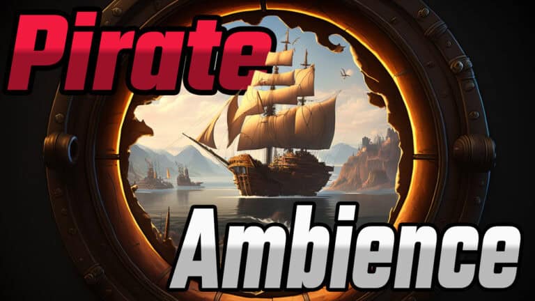 Illustration of a pirate ship with sails deployed, viewed through a circular, jagged frame resembling a porthole. Evoking the thrill of adventure and perfect for tabletop games, the words "Pirate Ambience" are prominently displayed in bold red and white text at the top and bottom of the image.