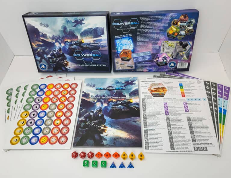This Polyversal board game set from Collins Epic Wargames features a futuristic theme with dice, colorful tokens, and an instruction manual. Perfect for sci-fi enthusiasts, its detailed imagery hints at immersive gameplay, with game rules and token sheets clearly laid out.