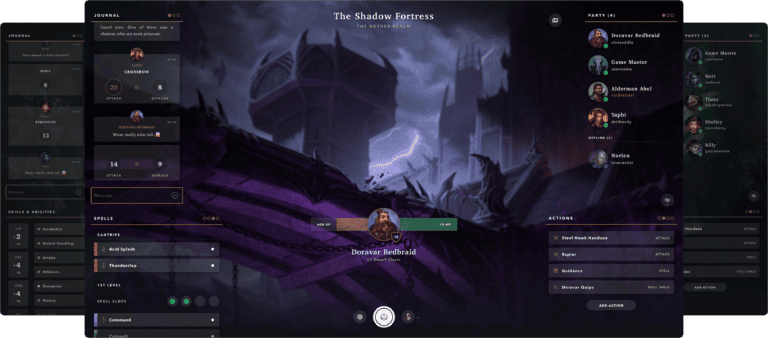 A dark fantasy game interface invites players into "The Shadow Fortress" on a virtual tabletop. The screen reveals character stats for a dark elf, Dreznar Betriath, detailing health, skills, and action options. A gloomy castle serves as a backdrop with an immersive storytelling party list on the right.