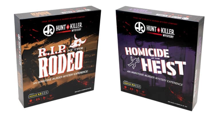 Discover two new mysteries in boxed murder mystery games: "R.I.P. at the Rodeo" with its western-themed artwork, and "Homicide at the Heist," offering a dark, suspenseful design. Each set expands your Hunt A Killer collection, showing game difficulty and player count for every detective.