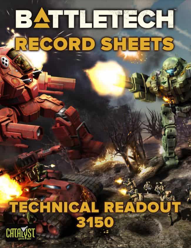 Cover of "Battletech Record Sheets: Technical Readout 3150" by Catalyst Game Labs, showcasing mechs in battle. A red mech and a green mech unleash weapons amidst explosive chaos while soldiers scramble below. The iconic logo and title are prominently displayed at the top.