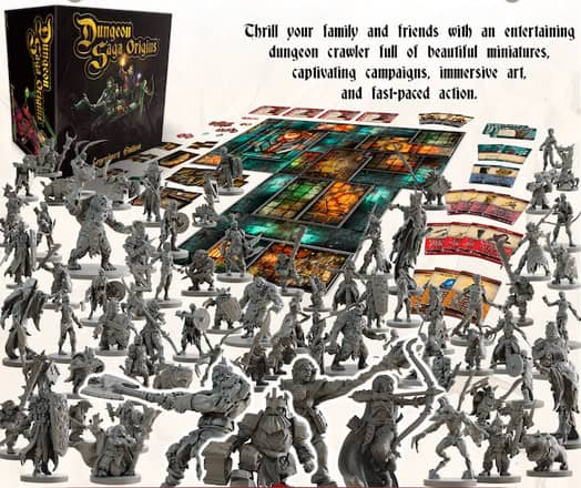 The box for "Dungeon Saga Origins" features an array of intricately detailed miniature figures surrounded by game tiles and cards. With its Kickstarter success, this dungeon-crawling adventure boasts captivating campaigns, immersive art, and fast-paced action that draws players into the saga.