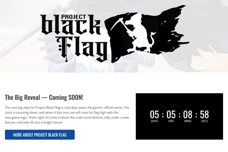 A promotional image for "Project Black Flag" by Kobold Press features a countdown timer showing 5 days, 8 hours, and 58 seconds until the big reveal. The design includes a silhouette of a figure with a flag and an official name button linking to more information.