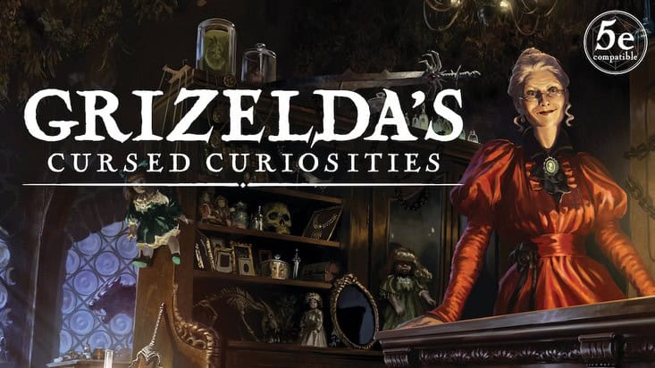 A woman in a red dress stands behind a counter in a dimly lit shop, Grizelda's Cursed Curiosities, filled with strange items. Shelves brim with skulls, jars, and mysterious artifacts, perfect for those eager to delve into ghost-hunting adventures.