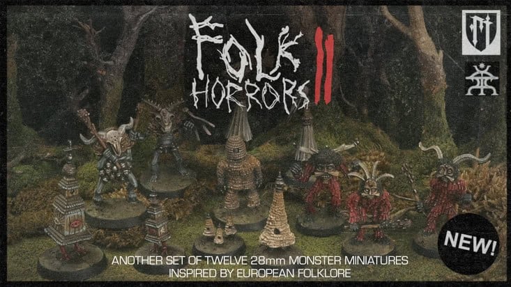 A collection of 28mm monster miniatures inspired by European folklore is displayed in a forest setting. Labeled "Folk Horrors II," this set by Ana Polanšćak showcases another dozen eerie figures. A "NEW!" badge hints at its Kickstarter debut, enticing collectors and enthusiasts alike.