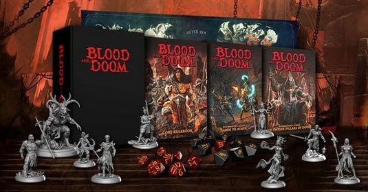 A dark, atmospheric display features the "Blood and Doom" tabletop RPG set with Kickstarter origins. It includes character miniatures and a set of dice, inviting adventurers to delve into its immersive world.
