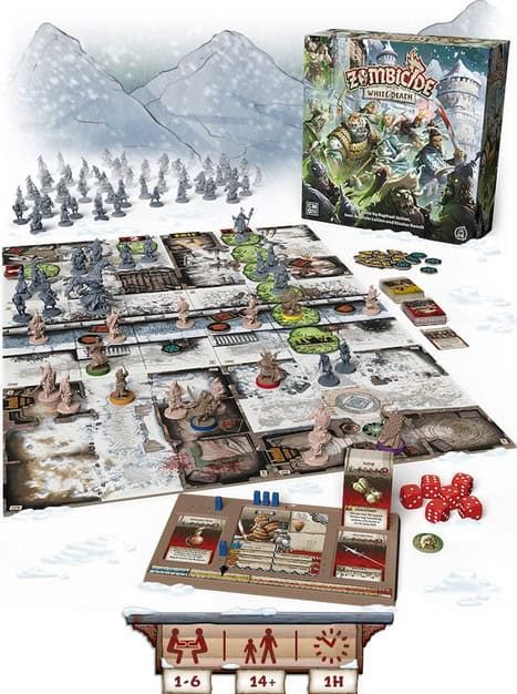 The "Zombicide: White Death" board game, by CMON, offers an epic setup in a snowy mountain scene. Dive into fantasy with the game board, miniatures, and more. Perfect for 1-6 players (ages 14+), this Kickstarter gem promises a thrilling 1-hour play adventure with zombies and warriors.