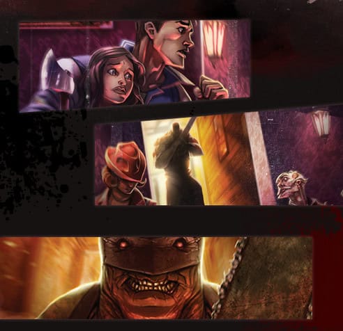 Comic book style image featuring three panels in a terrorscape. From top to bottom: a worried pair looking right, a cowboy silhouetted against light with an ice creature beside, and a menacing figure with glowing eyes and a chain across its body.
