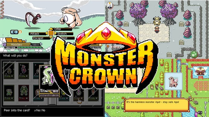 Collage of scenes from the retro-inspired monster-taming game "Monster Crown." Features battle interfaces, character dialogues, and an overhead map view. Central image highlights the game's logo with a crown design.