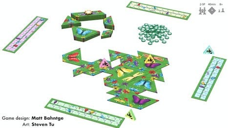 A captivating board game that transports players into a flourishing ecosystem, featuring colorful butterfly-themed pieces and tiles on a lush green backdrop. Scoreboards, tokens, and triangular markers are artfully arranged, with design by Matt Bahnge and artwork by Steven Tu.