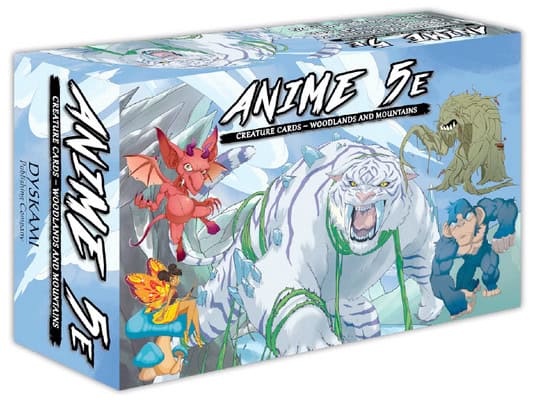 The box cover of "Anime 5E: Creature Caper - Woodlands and Mountains" showcases vibrant illustrations of fantasy creatures, including a red-winged being and a white tiger-like beast. Set against the majestic backdrop of Folstavia's mountains, this scene brings the Anime Fantasy world to life for any 5E RPG enthusiast.