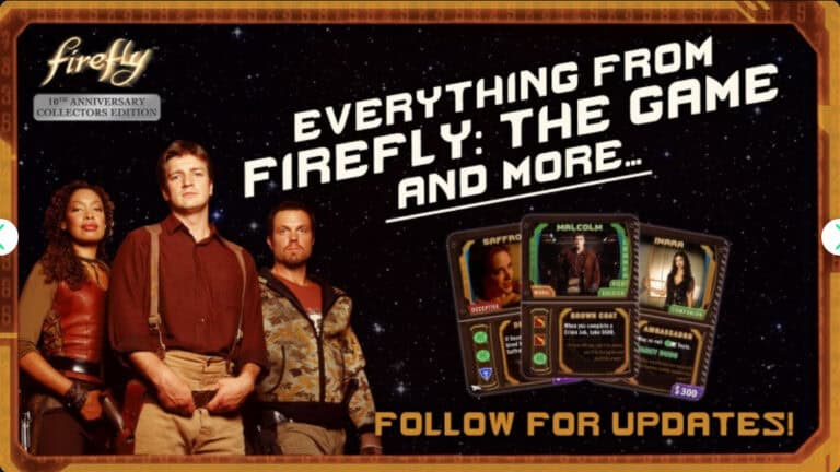 Three people stand before a space-themed backdrop, celebrating the 10th Anniversary of "Firefly: The Game" Collector's Edition. The scene showcases trading cards and invites fans to follow for updates on this special milestone release.