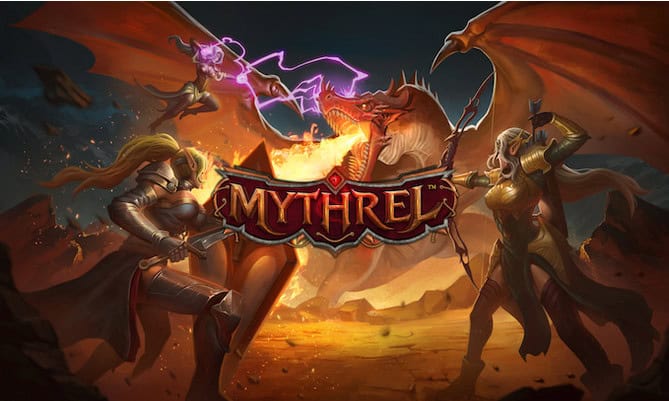 In this Kickstarter-backed fantasy scene, two armored warriors confront a fiery dragon. One wields a sword, the other casts a spell, as flames sear through the volcanic landscape. "MYTHREL," our latest trading card game sensation, is emblazoned boldly at the center of this epic clash.