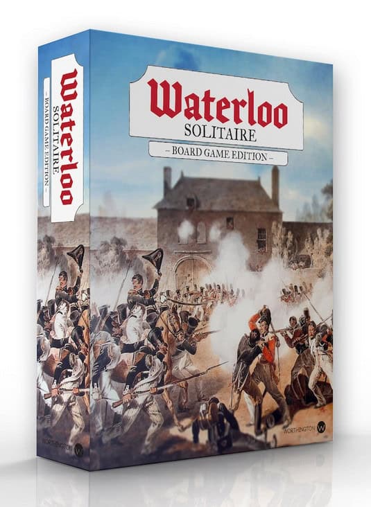 Box of "Waterloo Solitaire: Board Game Edition," a Kickstarter triumph, showcasing a battle scene with soldiers in 19th-century uniforms engaged in combat amidst smoke, all unfolding under the strategic eye of Napoleon, in front of a historical building.