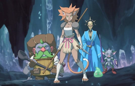 In a cave setting, an anime-inspired TRPG unfolds with a small dwarf sporting a green mustache, a cat-like humanoid, a masked figure cloaked in mystery, a purple imp armed for battle, and an oozing green slime. Join them on Kickstarter to explore this post-apocalyptic fantasy world!