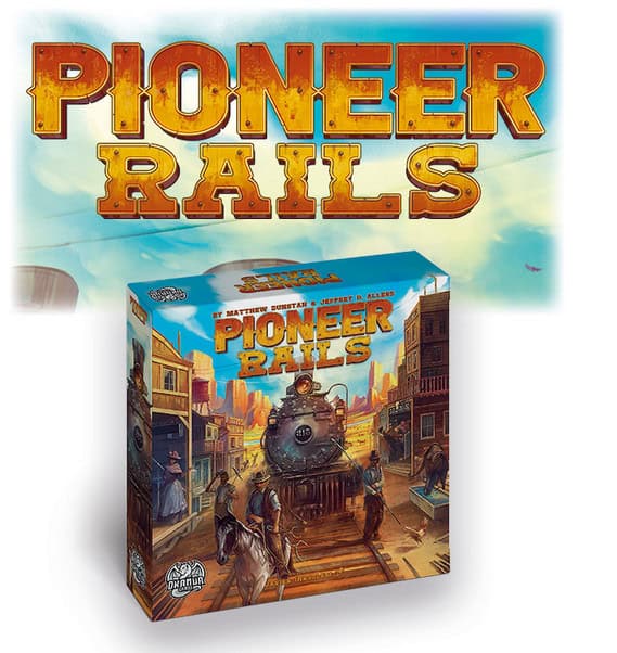 Box cover art for the Kickstarter "Pioneer Rails" Flip & Write Game. A steam locomotive journeys through a bustling western town, framed by lively townsfolk. The game title is prominently displayed in bold, western-style lettering above the scene.