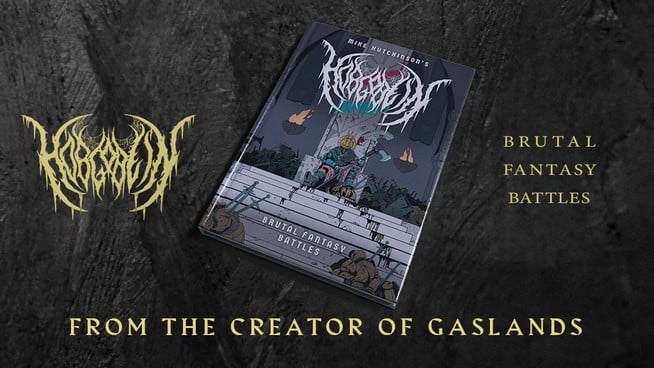 Cover of "Ragnarok: Brutal Fantasy Battles" featuring an illustrated scene with a dark, mystical atmosphere. Accompanying text reads "From the Creator of Gaslands" with intricate, stylized fonts on a textured black background, setting the stage for epic hobgoblin-infused fantasy wargames.