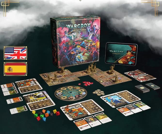 The board game setup of "Warcrow Adventures" includes cards, dice, and miniature figures. The box, adorned with a fantasy illustration, is set against a dark, cloudy backdrop. Flags for UK/USA and Spain indicate language options. Late pledgers can manage their purchases via the Pledge Manager.