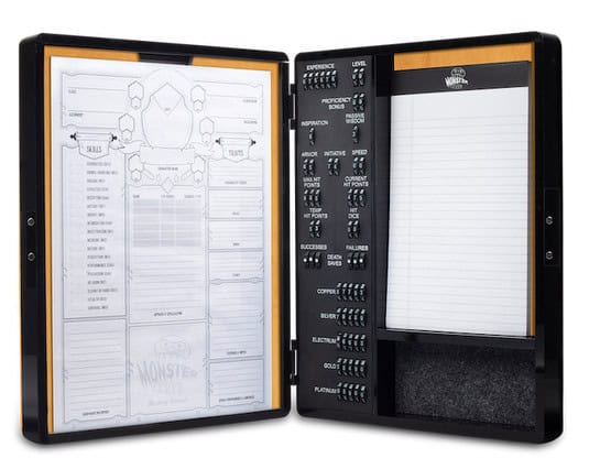 Introducing the Deluxe RPG Stat Tracker: a sleek gaming organizer perfect for any RPG enthusiast. The left side showcases sections for skills and traits, while the right holds a notepad alongside convenient slots for dice storage. Join the Kickstarter community to elevate your Monster Gaming experience today!
