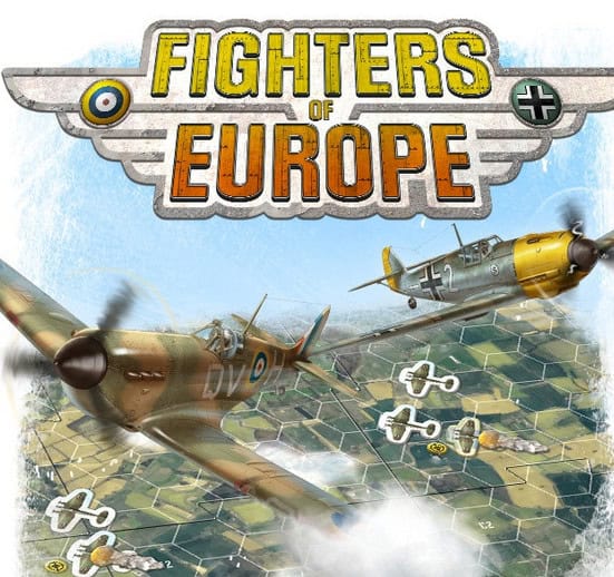 Illustrated cover art for "Fighters of Europe," a board game depicting WWII air combat with two vintage fighter planes dueling over a patchwork green landscape, game tokens scattered below. The title stands prominently at the top, capturing the essence of historical aerial battles.