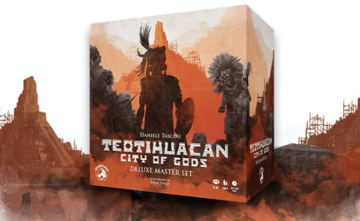 Box art for "Teotihuacan: City of Gods Deluxe Master Set," a stunning Kickstarter edition, showcasing silhouettes of Aztec warriors with headdresses and obsidian weapons, set against ancient pyramids and a reddish-orange sky.