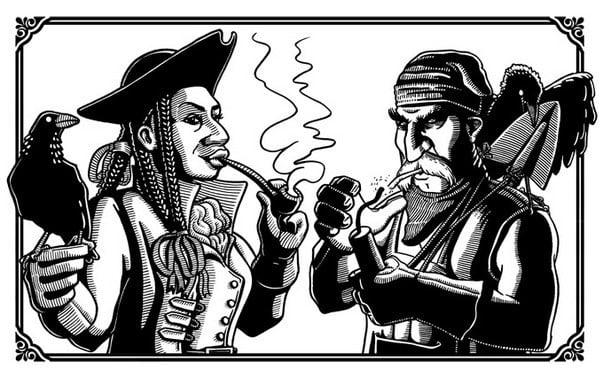 Two stylized characters in pirate-like attire, each holding a smoking pipe and a bird. The left has a raven and long braided hair, wearing a hat. The right has a parrot on the shoulder, wearing a headscarf. Their mysterious vibe hints at occult criminality in the world of tabletop RPGs as monster hunters do battle against unseen foes.