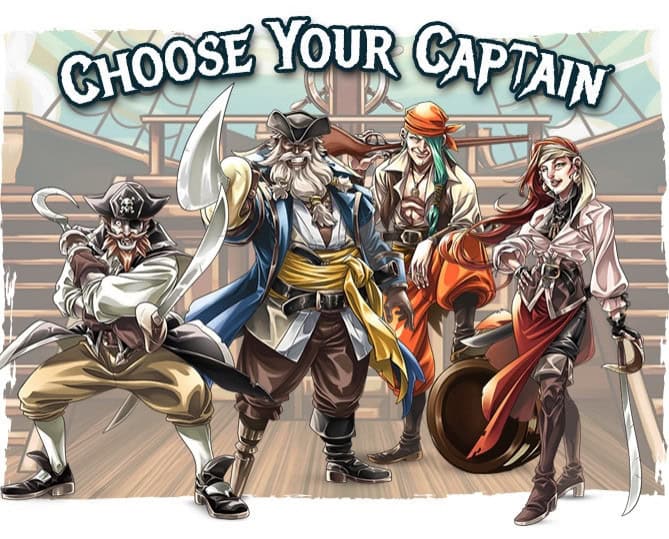 Illustration of four cartoon pirates on a ship deck, each sporting unique outfits and hats. Above them, text reads, "Choose Your Captain." They strike confident poses with swords and accessories, ready for Pirate Adventures with Vesuvius Media.