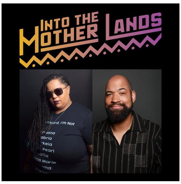 Two people are featured against a dark background. The top text reads "Into the Mother Lands Roleplaying Game" in gradient colors. One person wears sunglasses and a printed shirt, while the other sports a patterned shirt and a beard, both capturing the adventurous spirit of CypherCo's world-building ethos.