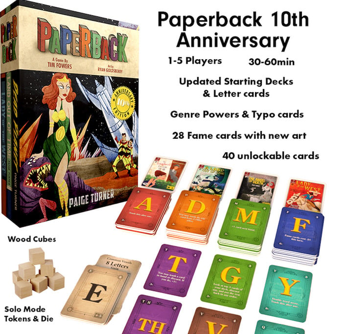 Image of the "Paperback 10th Anniversary" board game, inspired by its Typewriter Kickstarter campaign. Includes cards with letters and genre powers, solo mode tokens, and a die. Features wooden cubes, a large game box, and colorful A-F fame cards plus starting decks—all for $109.