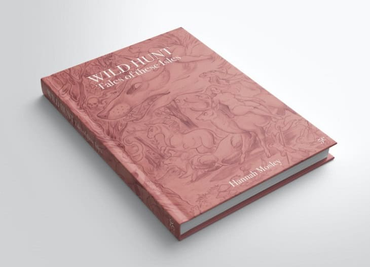 A hardcover book titled "Wild Hunt: Tales of These Yules" by Hannah Molleye. The cover features a whimsical bestiary with an intricate illustration of mythical creatures in a forest setting, all in a monochromatic, sepia-toned color palette.