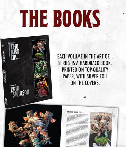 Image of a book titled "The Art of..." by Erik Swinson. This hardback series, featuring detailed illustrations of fantasy figures, showcases artwork and creative processes in Volumes 7-9. With silver-foil covers, it's a beautiful miniature art book brought to life through Kickstarter.