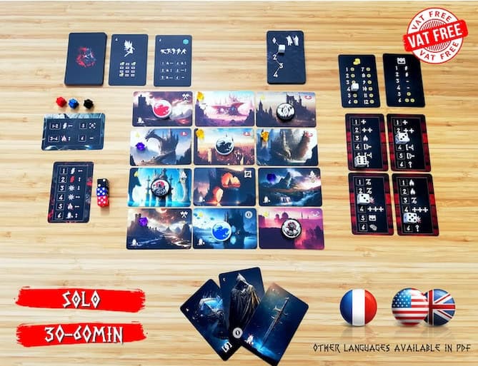 A captivating solo card and dice game, laid out on a wooden table, showcases illustrated cards, dice, and game pieces. Text reveals a 30-60 minute playtime with versions in French and English. Dive into the world of BERSERKERS by supporting its launch on Kickstarter.