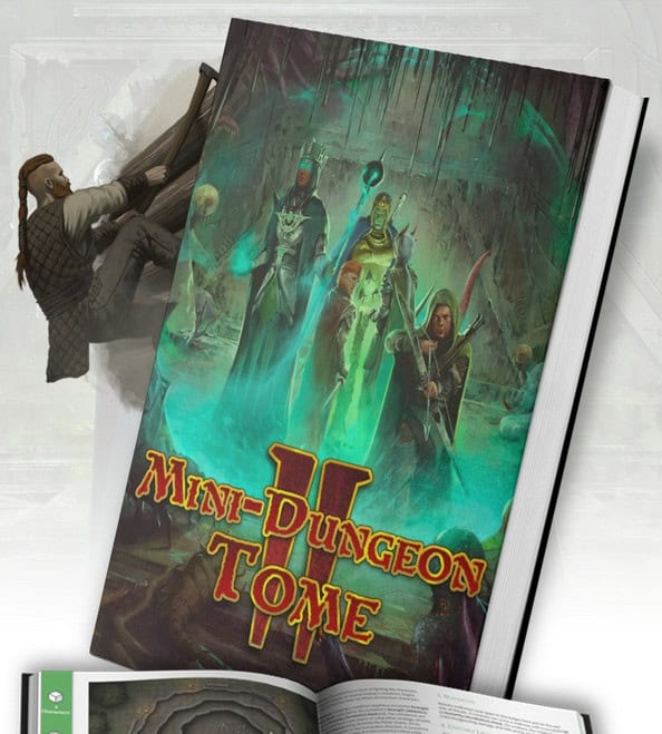The cover of "Mini-Dungeon Tome II" depicts warriors and a sorceress in a glowing cave. A man climbs the book, revealing another page with a map, hinting at short adventures perfect for D&D 5E enthusiasts.