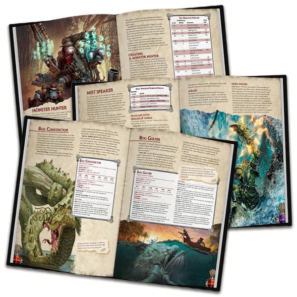 Dive into the enchanting world of tabletop gaming with the Iron Kingdoms rulebook. Featuring illustrated pages, this guide brings sea creature battles and fantastical armored heroes to life. Discover detailed stats for creatures like "Monster Hunter," "Bog Constrictor," and "Bog Gluer.